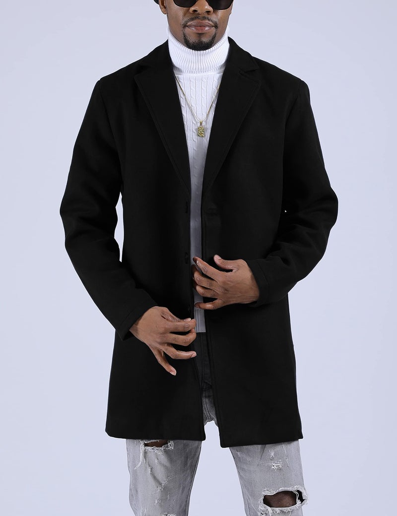Springrain Men's Wool Blend Pea Coat Notched Collar Single Breasted Overcoat Warm Winter Trench Coat(Black-M) - Image 2